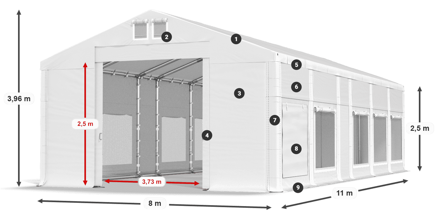Střecha: MS 580 PVC Stěny: SD M 500 PVC 2,5 m legenda