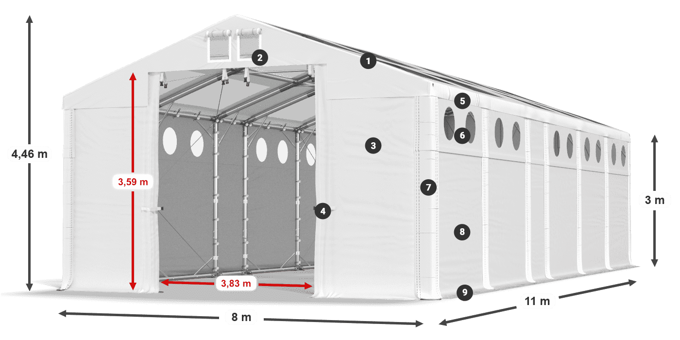 Střecha: MS T 580 PVC Stěny: FR O 620 PVC 3m legenda