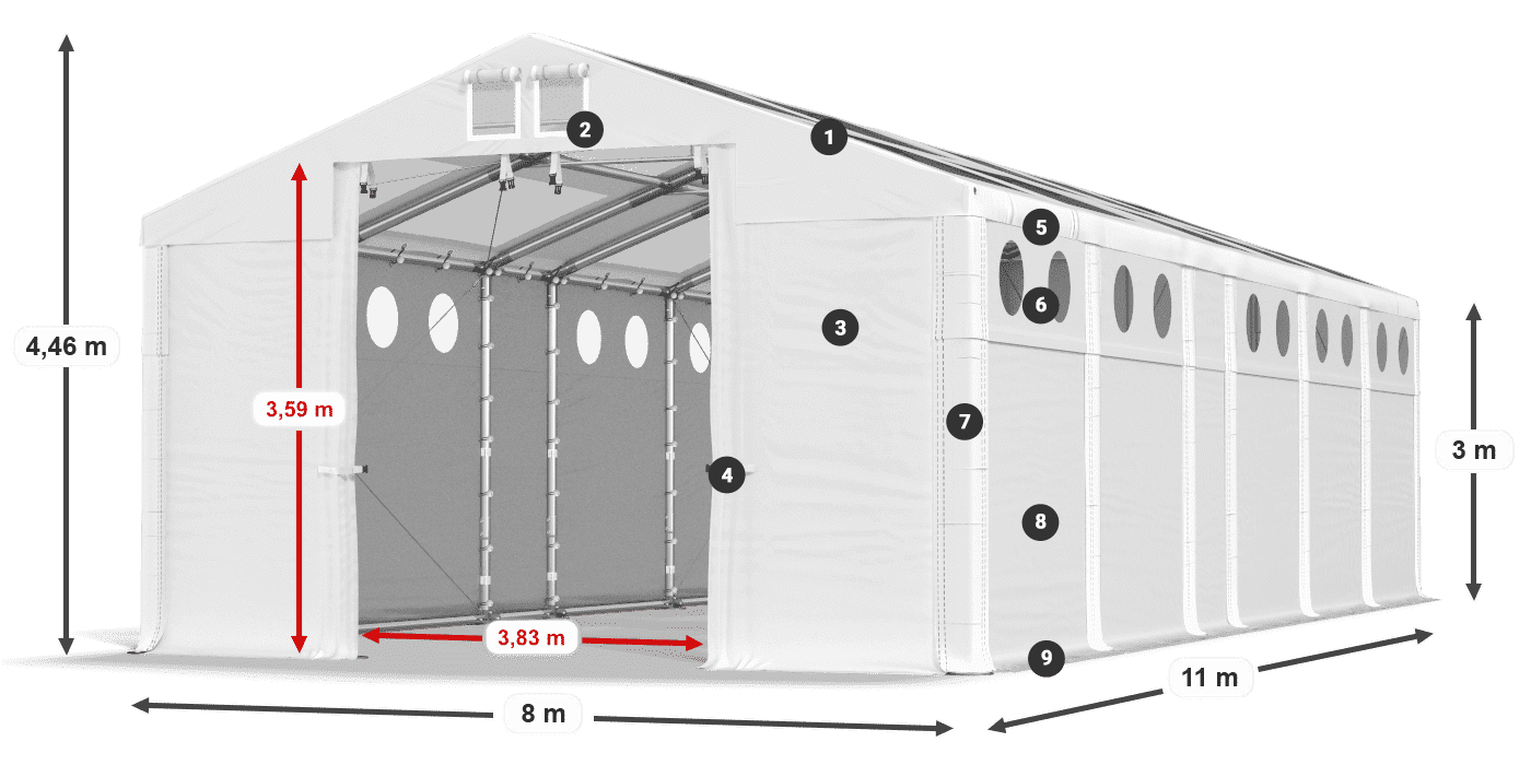 Střecha: MS T 580 PVC Stěny: SD O 500 PVC 3m legenda