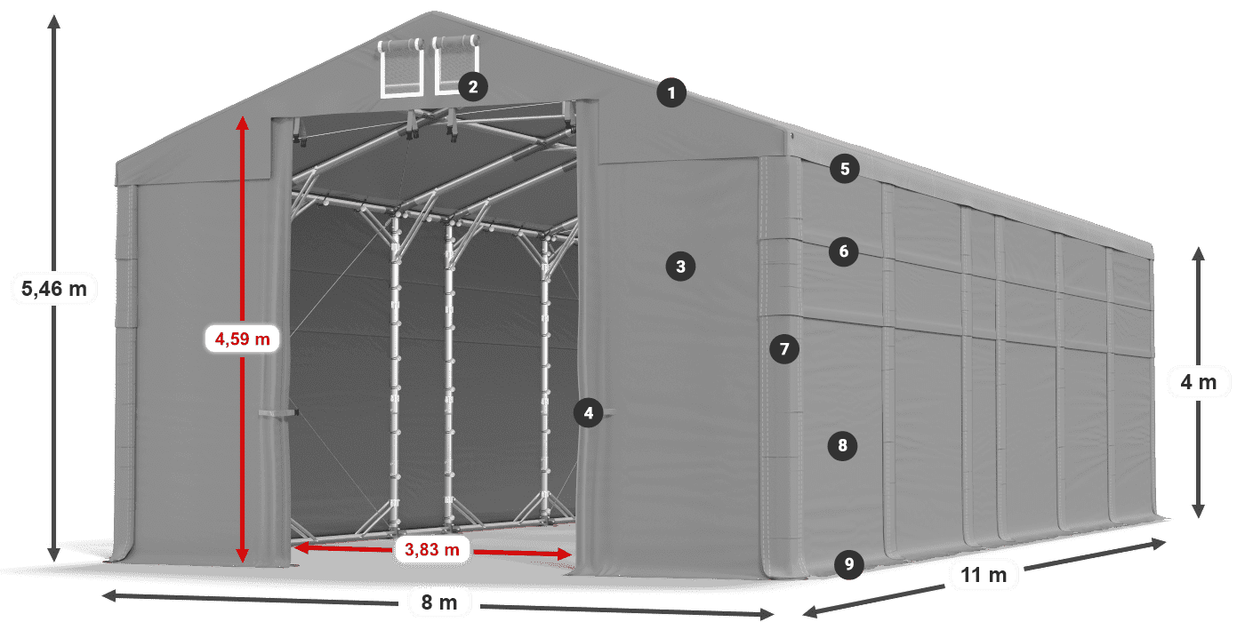 Střecha: FR 620 PVC Stěny: SD 500 PVC 4m legenda