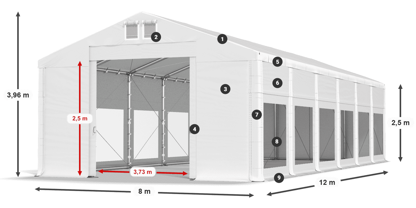 Střecha: FR 620 PVC Stěny: MS 580 PVC 2,5 m legenda