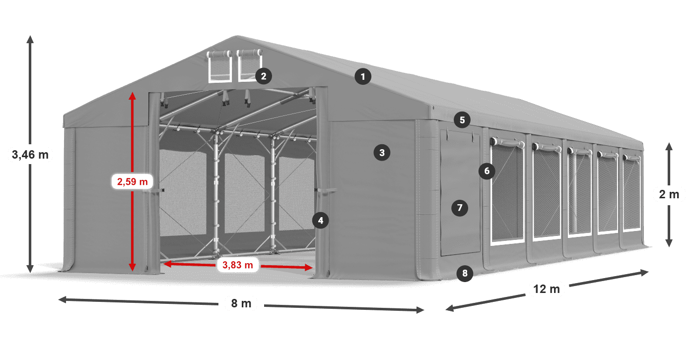 Střecha: FR 620 PVC Stěny: SD 500 PVC 2m legenda