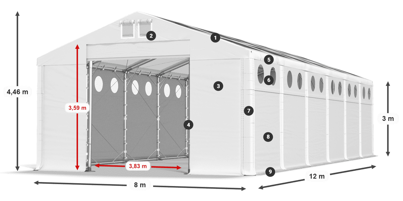 Střecha: MS T 580 PVC Stěny: FR O 620 PVC 3m legenda