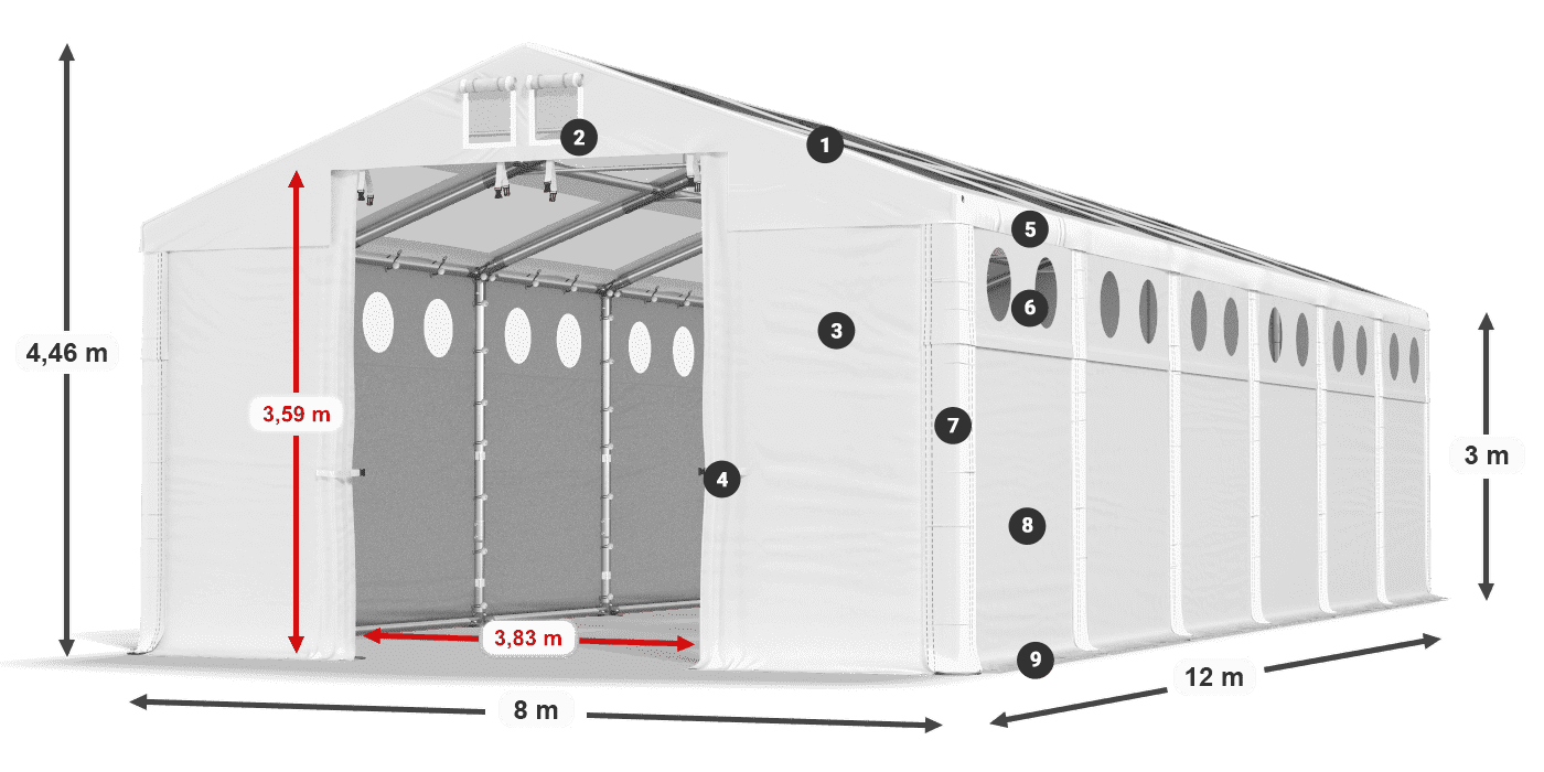 Střecha: MS T 580 PVC Stěny: FR O 620 PVC 3m legenda