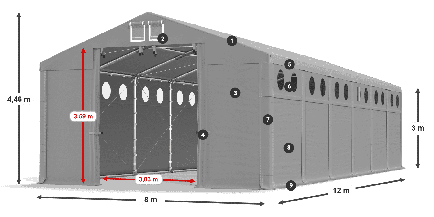 Střecha: MS 580 PVC Stěny: FR O 620 PVC 3m legenda