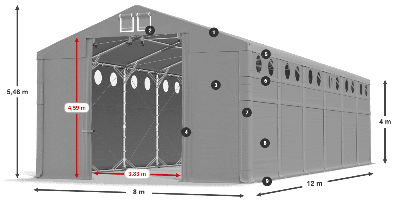 Střecha: FR 620 PVC Stěny: SD O 500 PVC 4m legenda