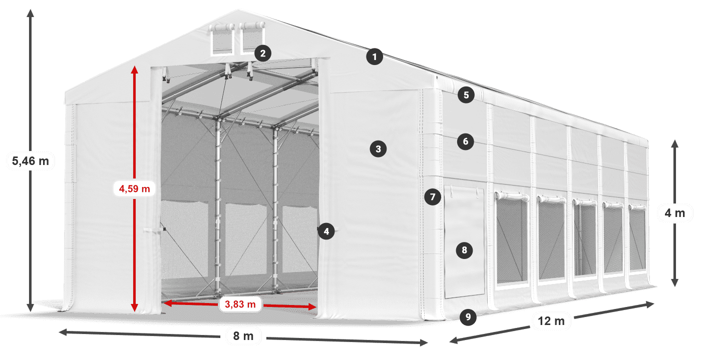 Střecha: MS T 580 PVC Stěny: SD M 500 PVC 4m legenda