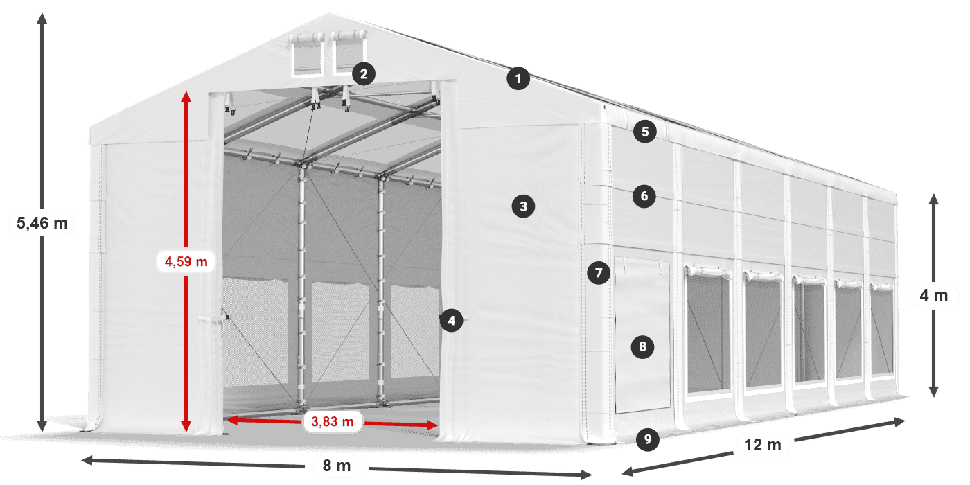 Střecha: MS T 580 PVC Stěny: SD M 500 PVC 4m legenda