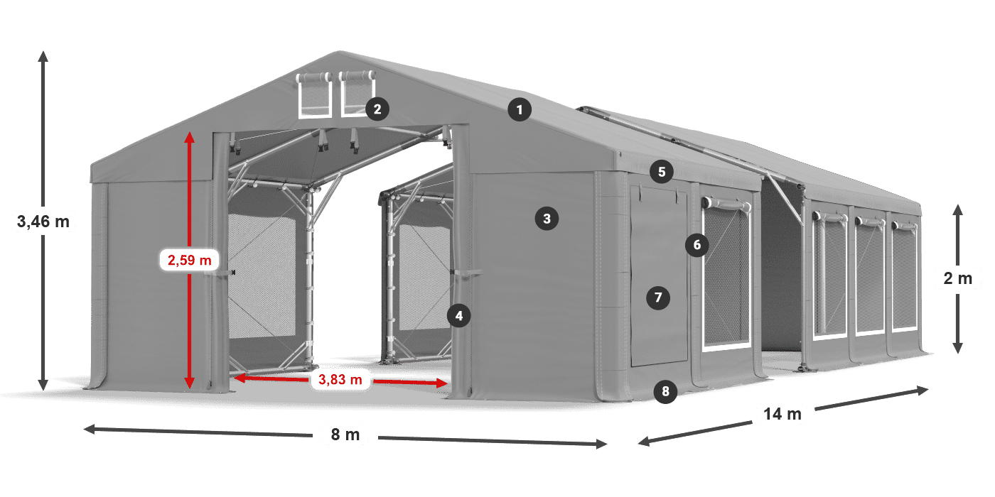 Střecha: FR 620 PVC Stěny: SD 500 PVC 2m legenda