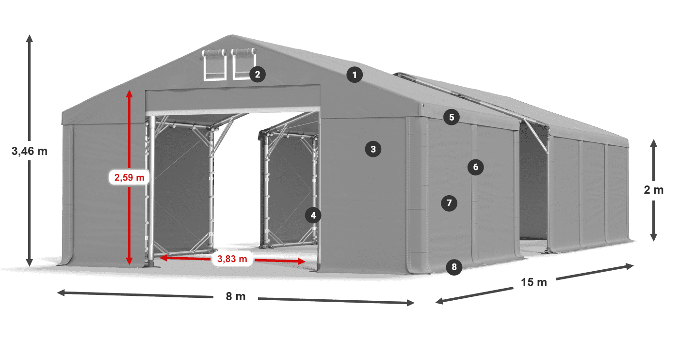 Střecha: MS 580 PVC Stěny: FR M 620 PVC 2m legenda