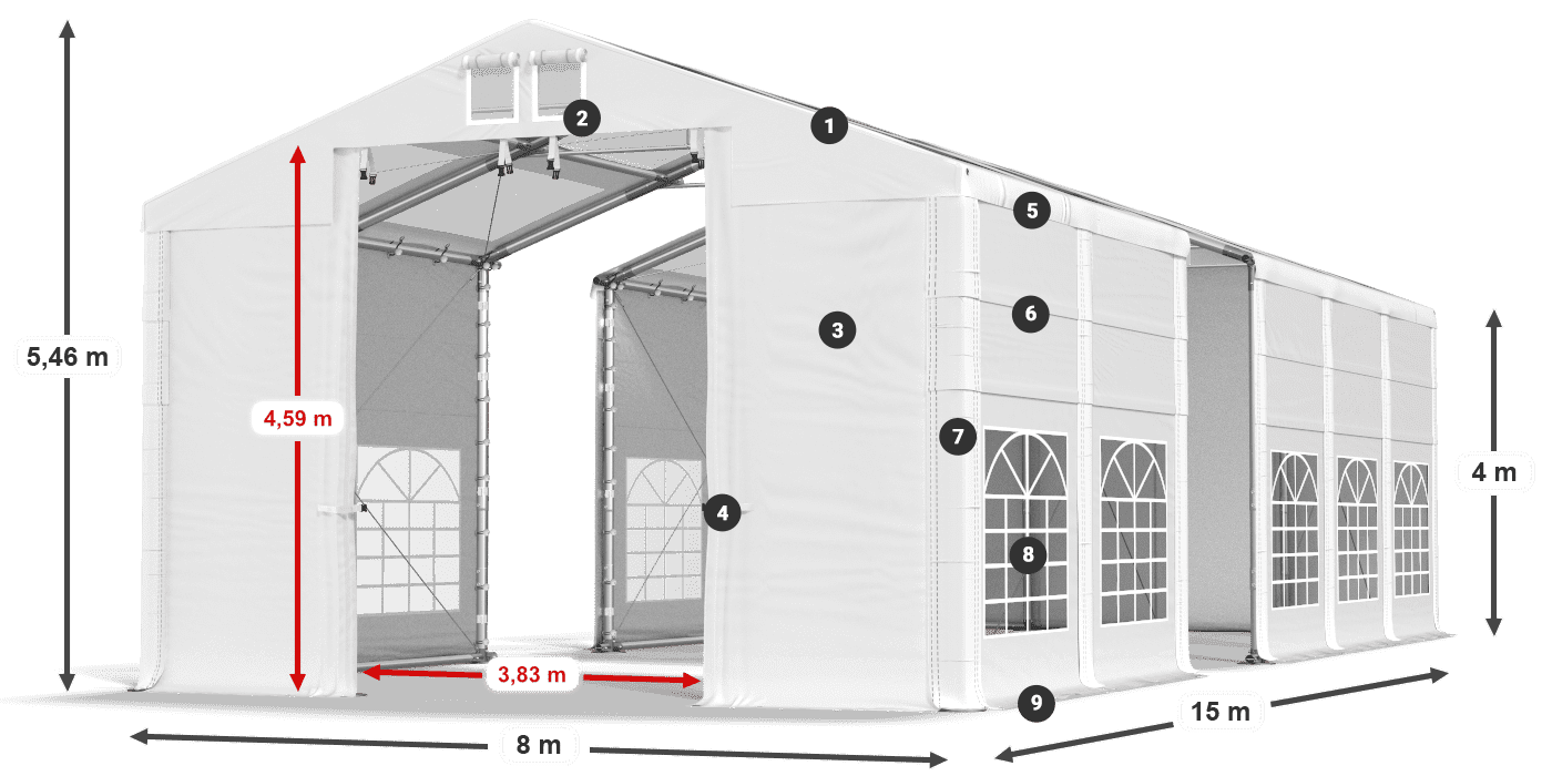 Střecha: MS T 580 PVC Stěny: FR 620 PVC 4m legenda