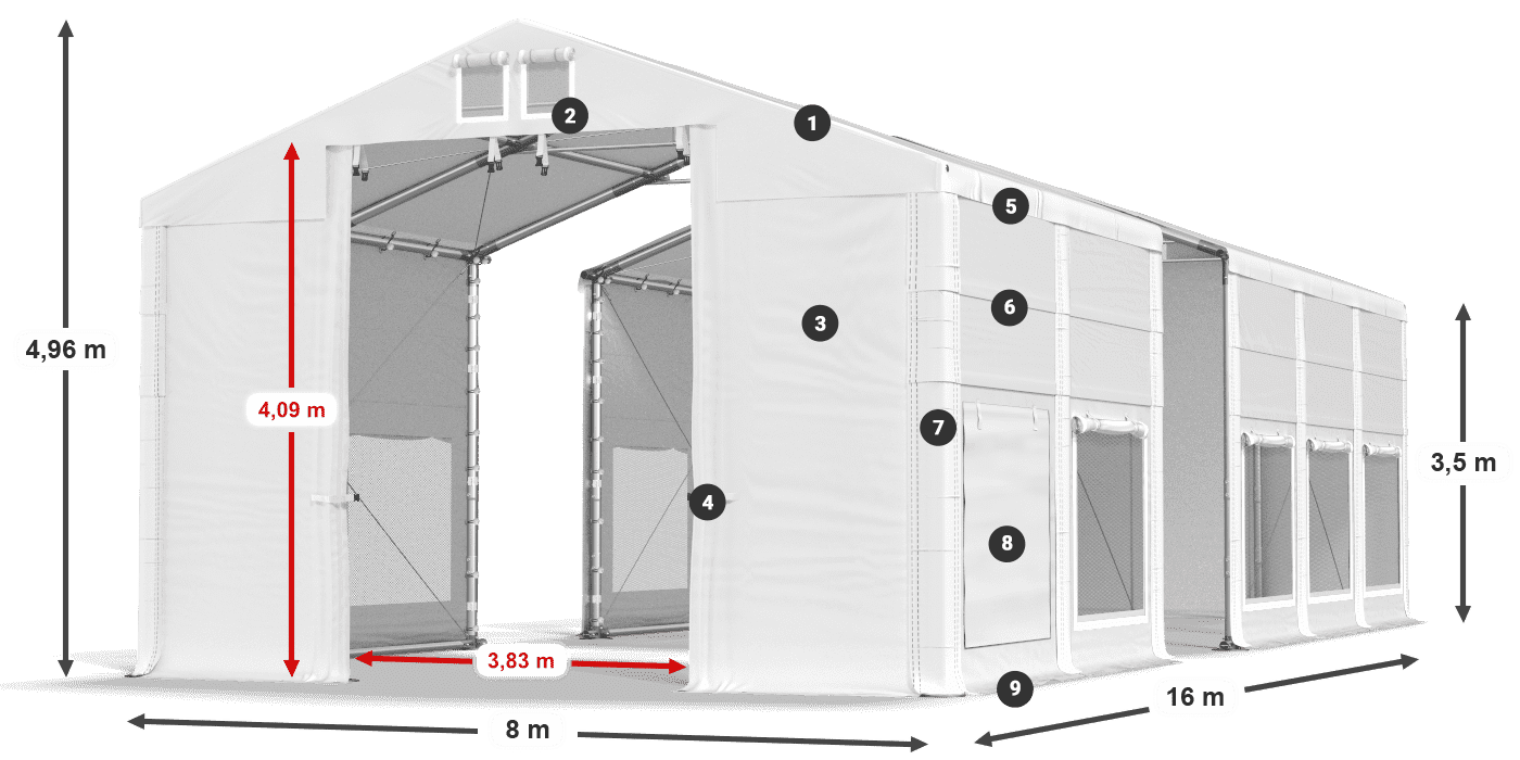 Střecha: MS 580 PVC Stěny: SD M 500 PVC 3,5m legenda