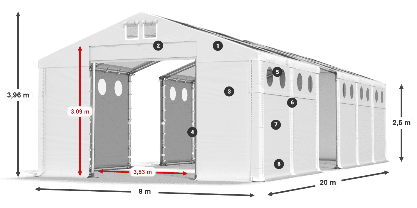 Střecha: MS T 580 PVC Stěny: FR O 620 PVC 2,5 m legenda