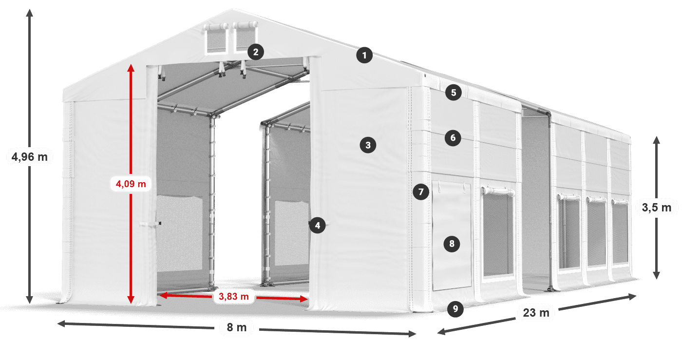Střecha: MS 580 PVC Stěny: SD M 500 PVC 3,5m legenda