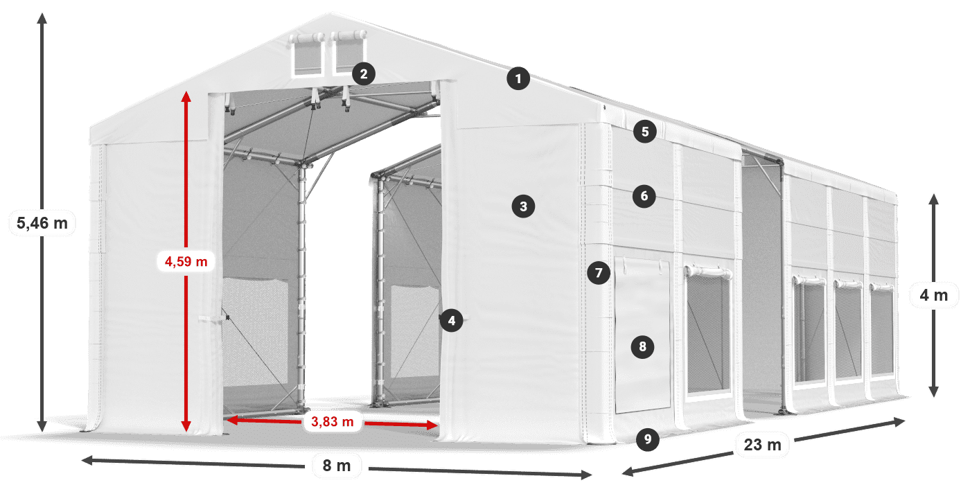 Střecha: MS 580 PVC Stěny: SD M 500 PVC 4m legenda