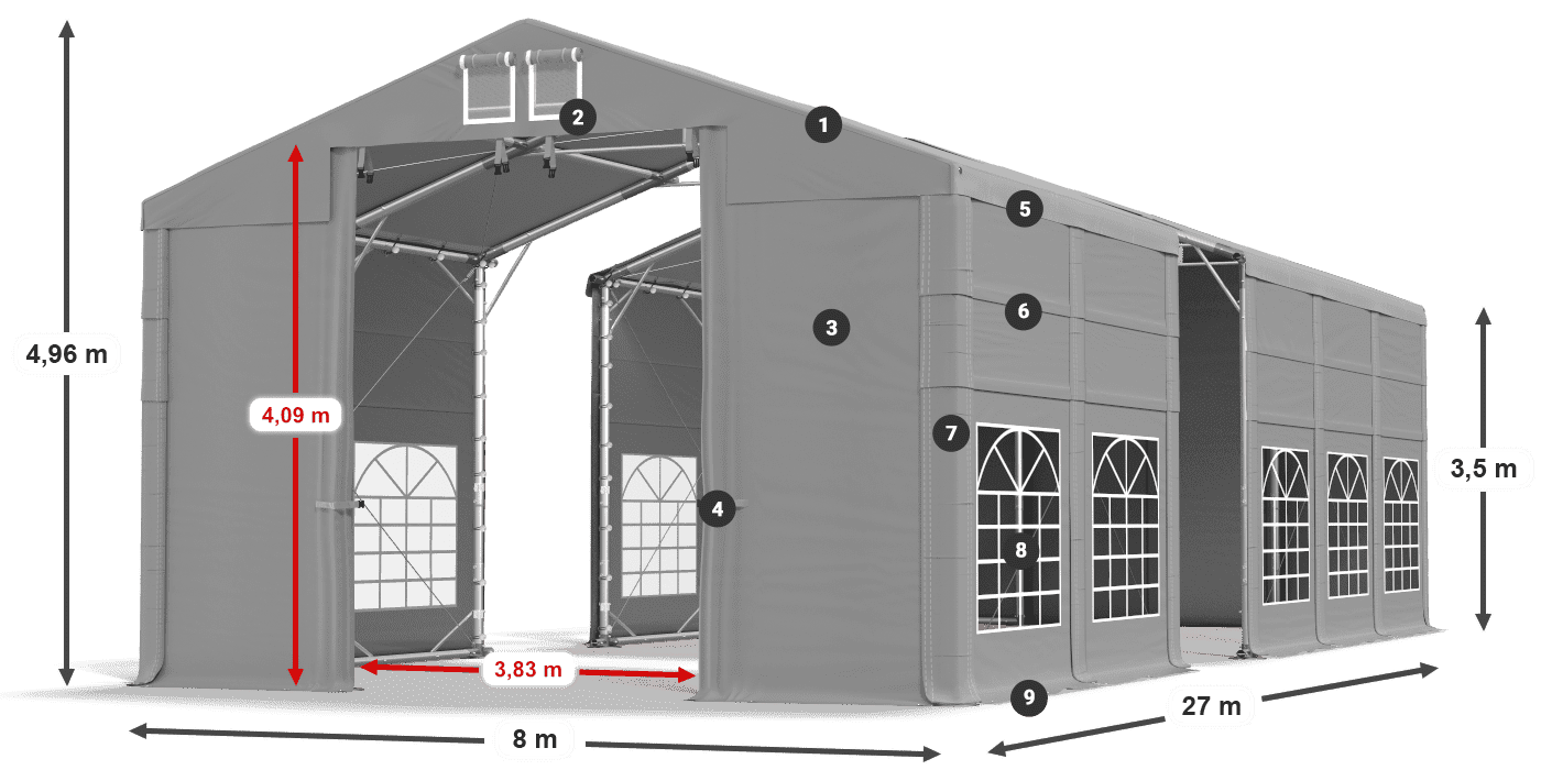 Střecha: FR 620 PVC Stěny: SD 500 PVC 3,5m legenda