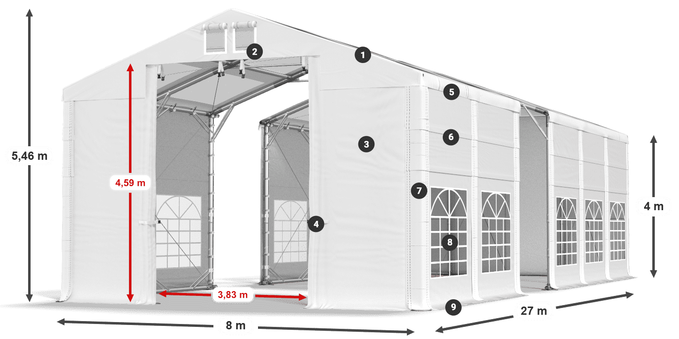 Střecha: MS T 580 PVC Stěny: FR 620 PVC 4m legenda