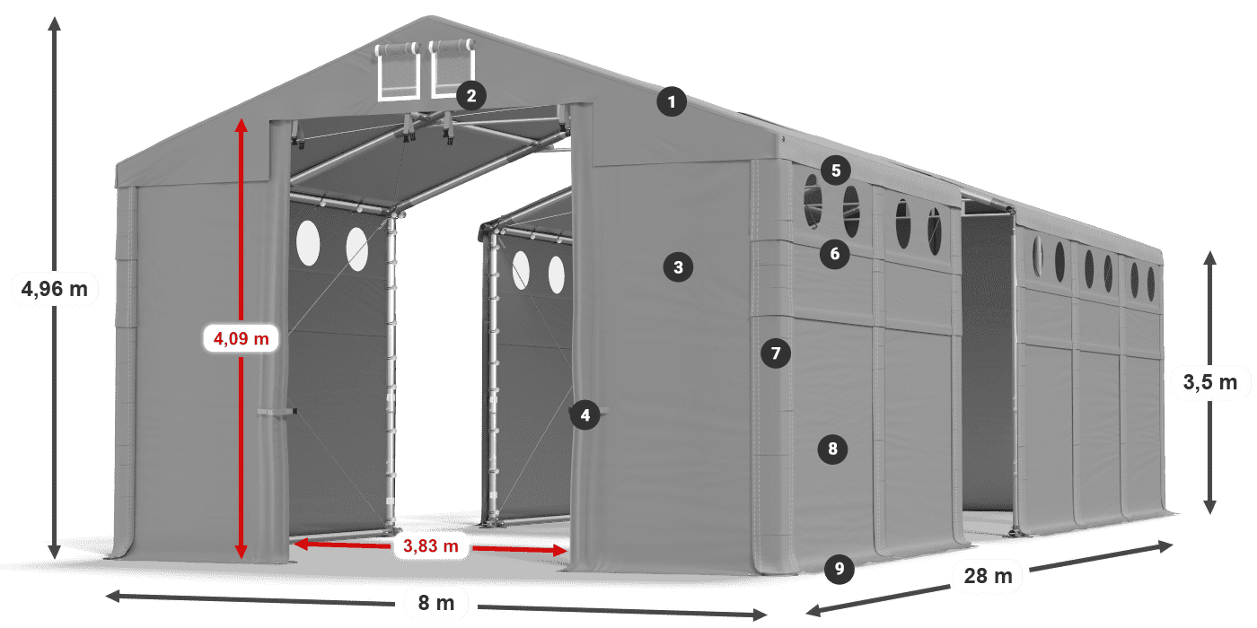 Střecha: MS 580 PVC Stěny: FR O 620 PVC 3,5m legenda