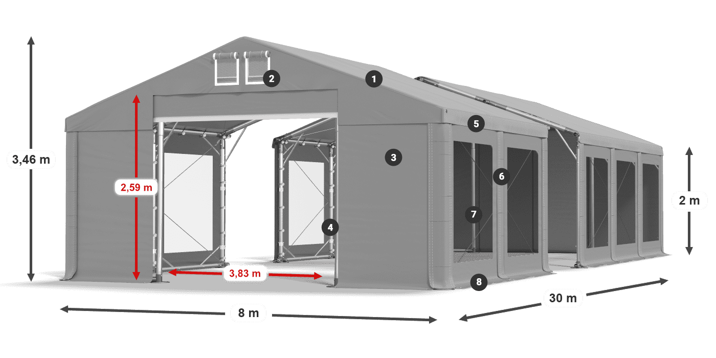 Střecha: FR 620 PVC Stěny: MS 580 PVC 2m legenda
