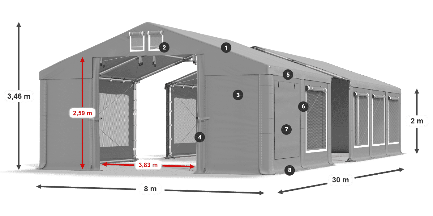 Střecha: FR 620 PVC Stěny: SD 500 PVC 2m legenda