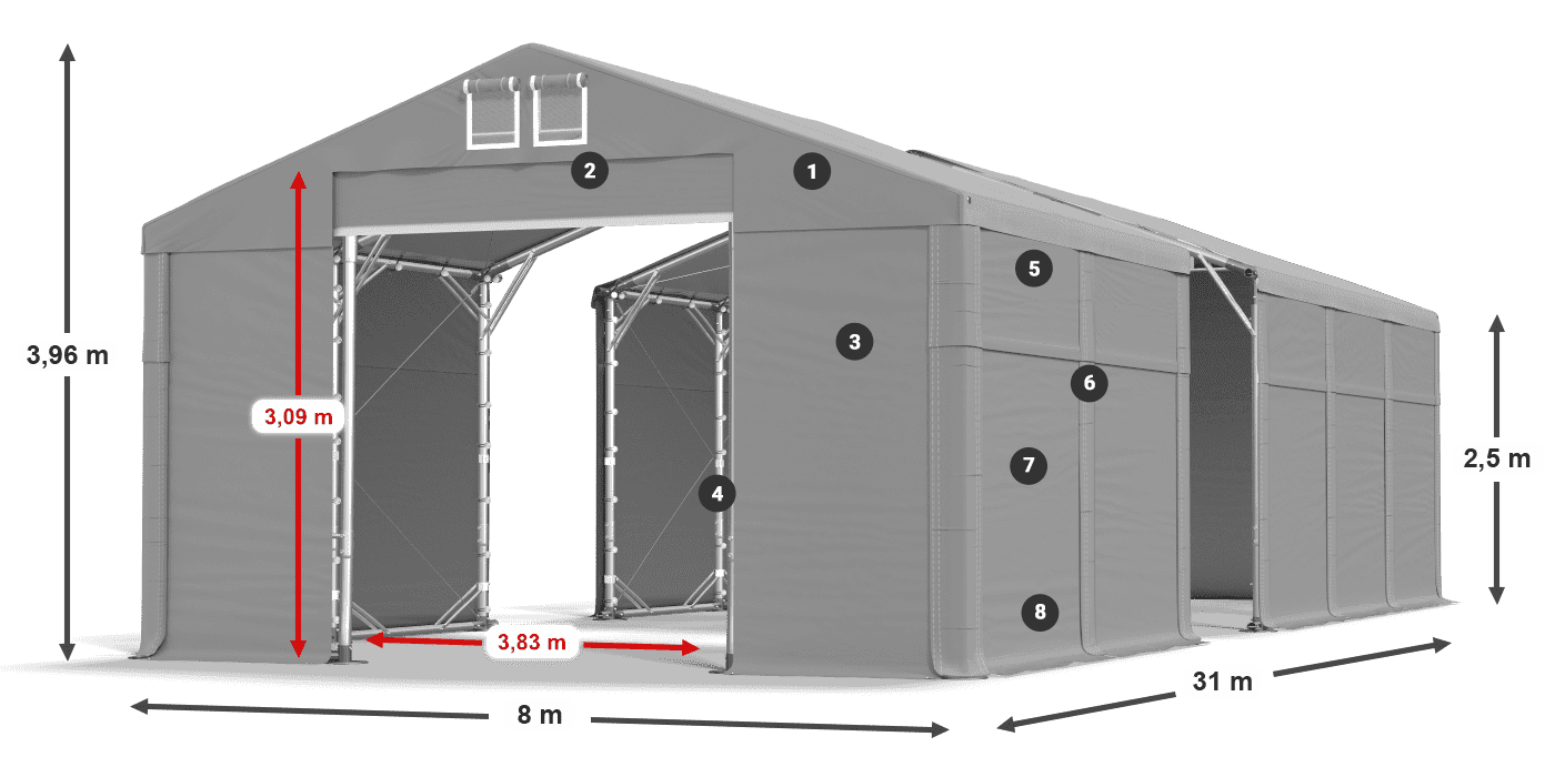 Střecha: MS 580 PVC Stěny: FR 620 PVC 2,5 m legenda