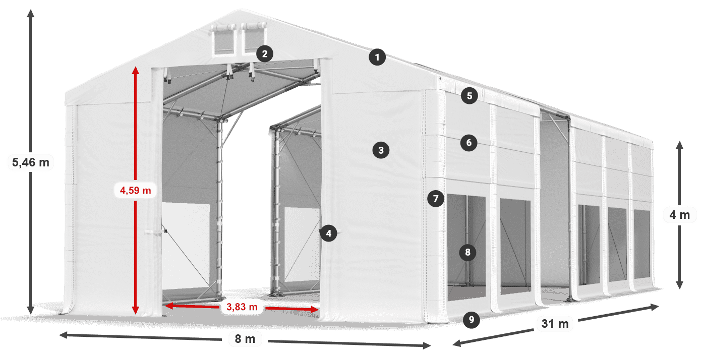 Střecha: FR 620 PVC Stěny: MS 580 PVC 4m legenda