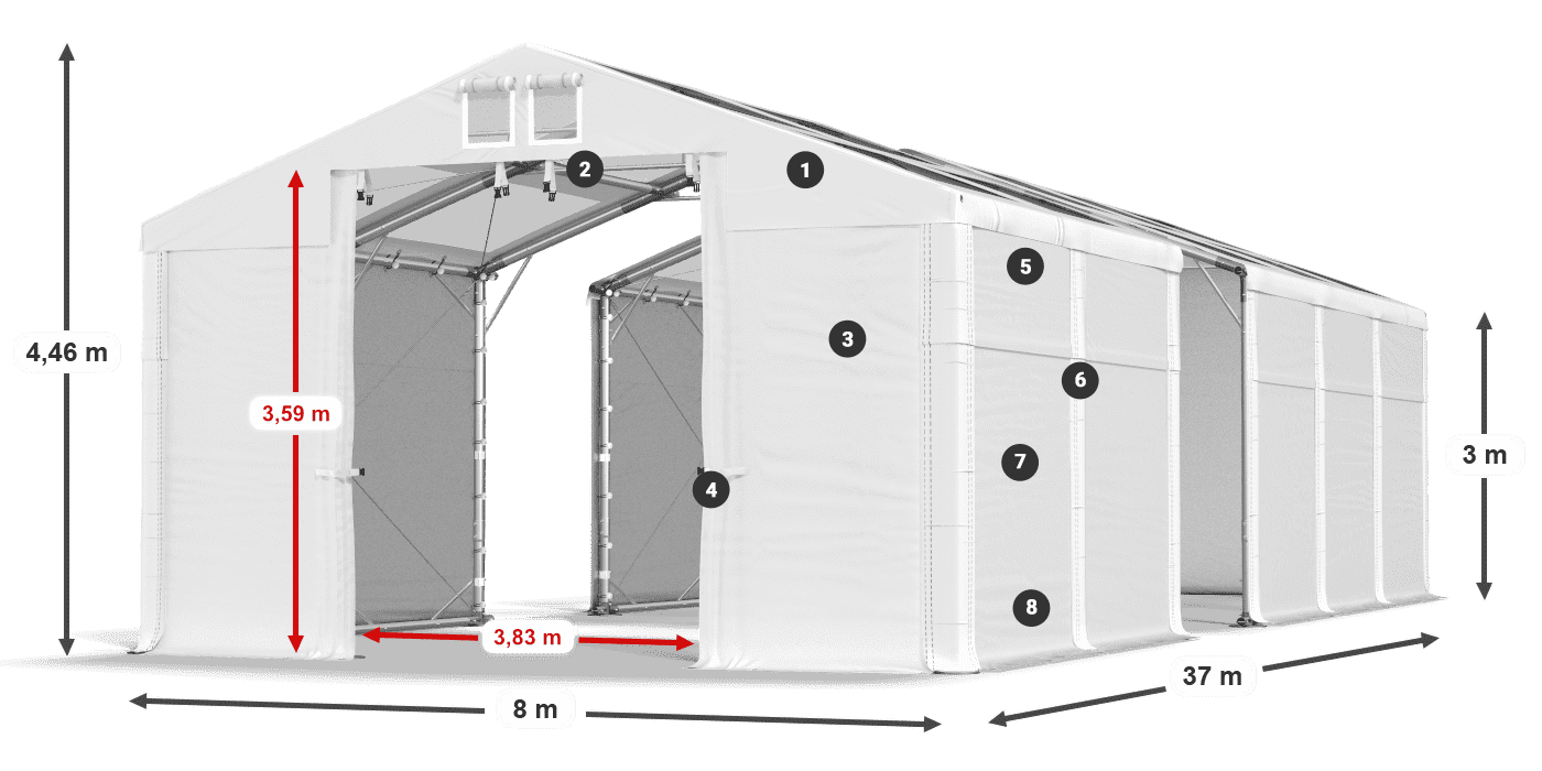Střecha: MS T 580 PVC Stěny: FR 620 PVC 3m legenda