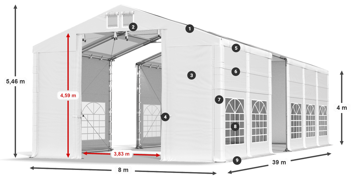 Střecha: MS T 580 PVC Stěny: FR 620 PVC 4m legenda