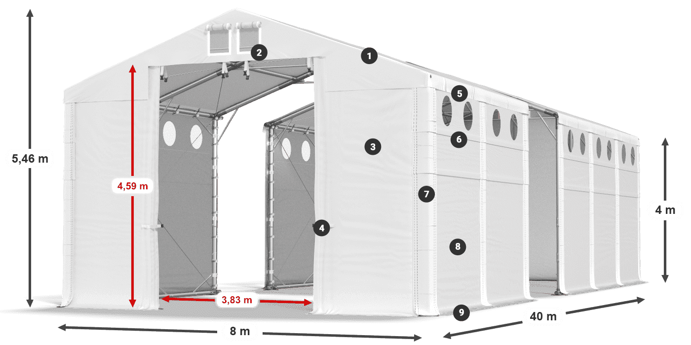 Střecha: FR 620 PVC Stěny: SD O 500 PVC 4m legenda