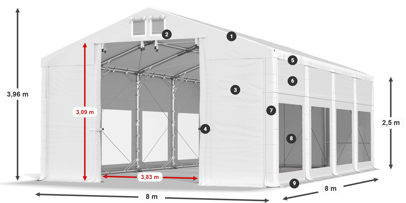 Střecha: FR 620 PVC Stěny: MS 580 PVC 2,5 m legenda