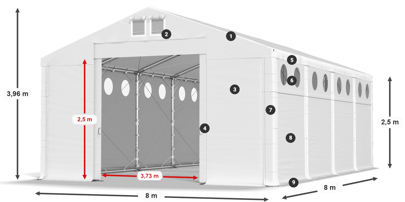Střecha: MS 580 PVC Stěny: FR O 620 PVC 2,5 m legenda