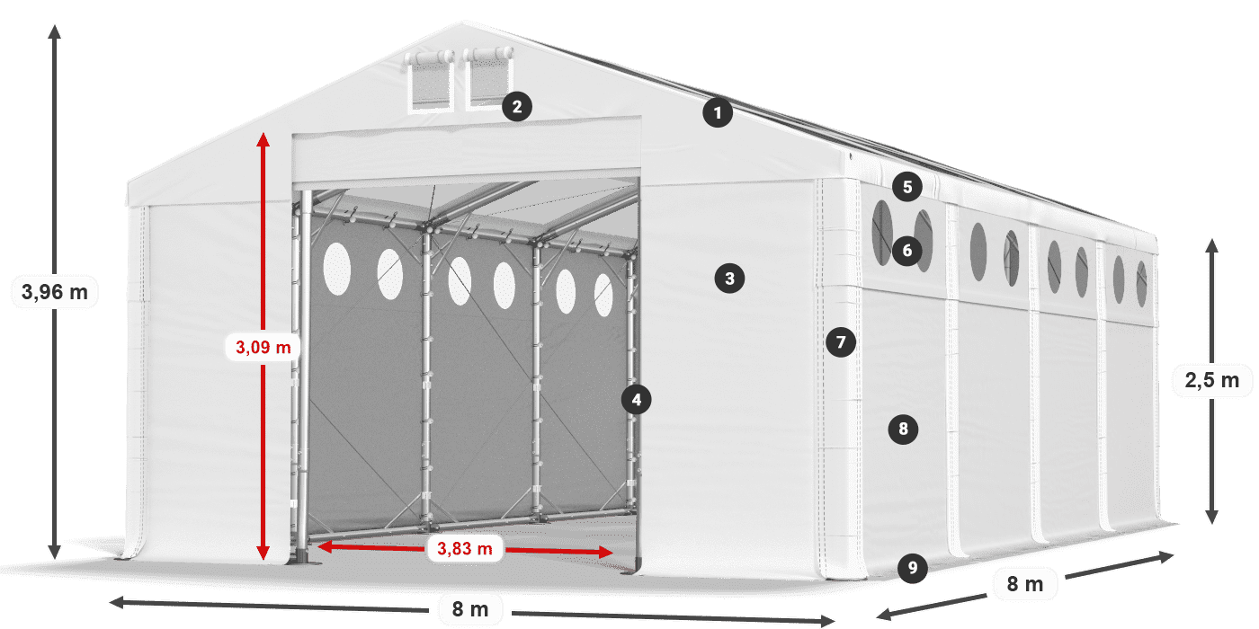 Střecha: MS T 580 PVC Stěny: FR O 620 PVC 2,5 m legenda
