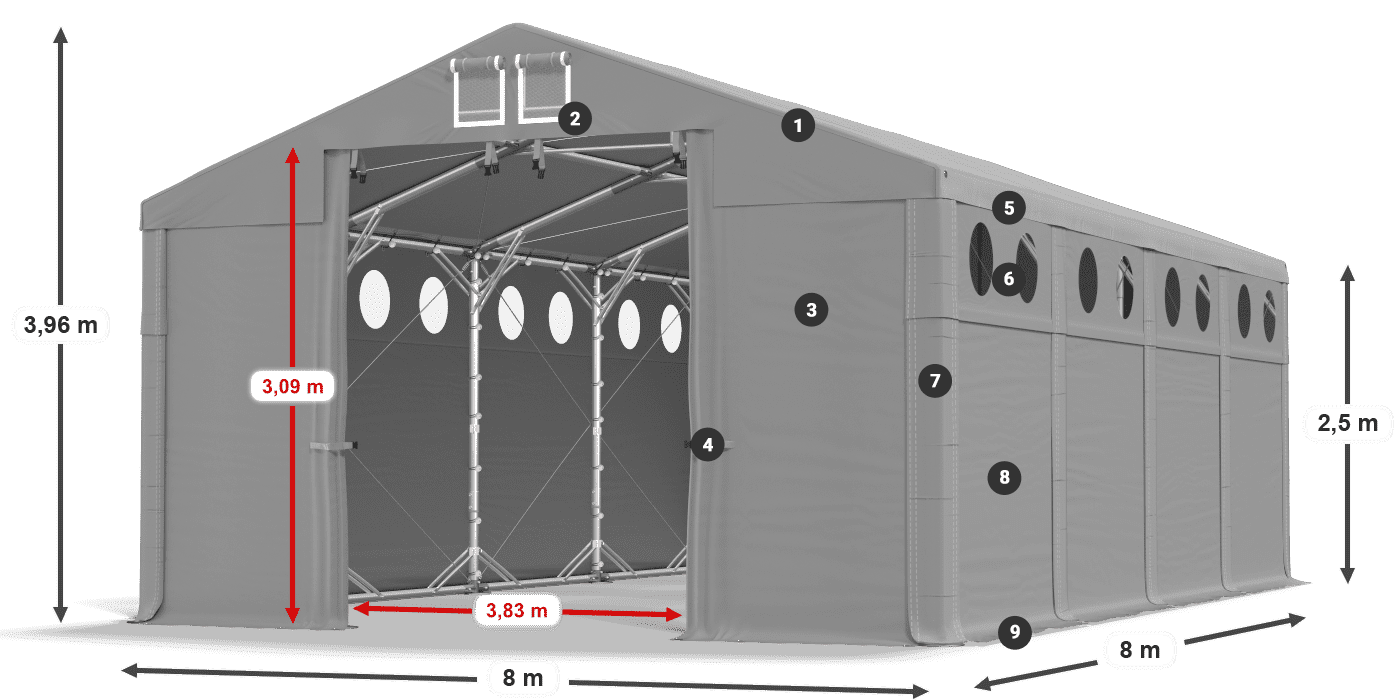 Střecha: MS 580 PVC Stěny: FR O 620 PVC 2,5 m legenda