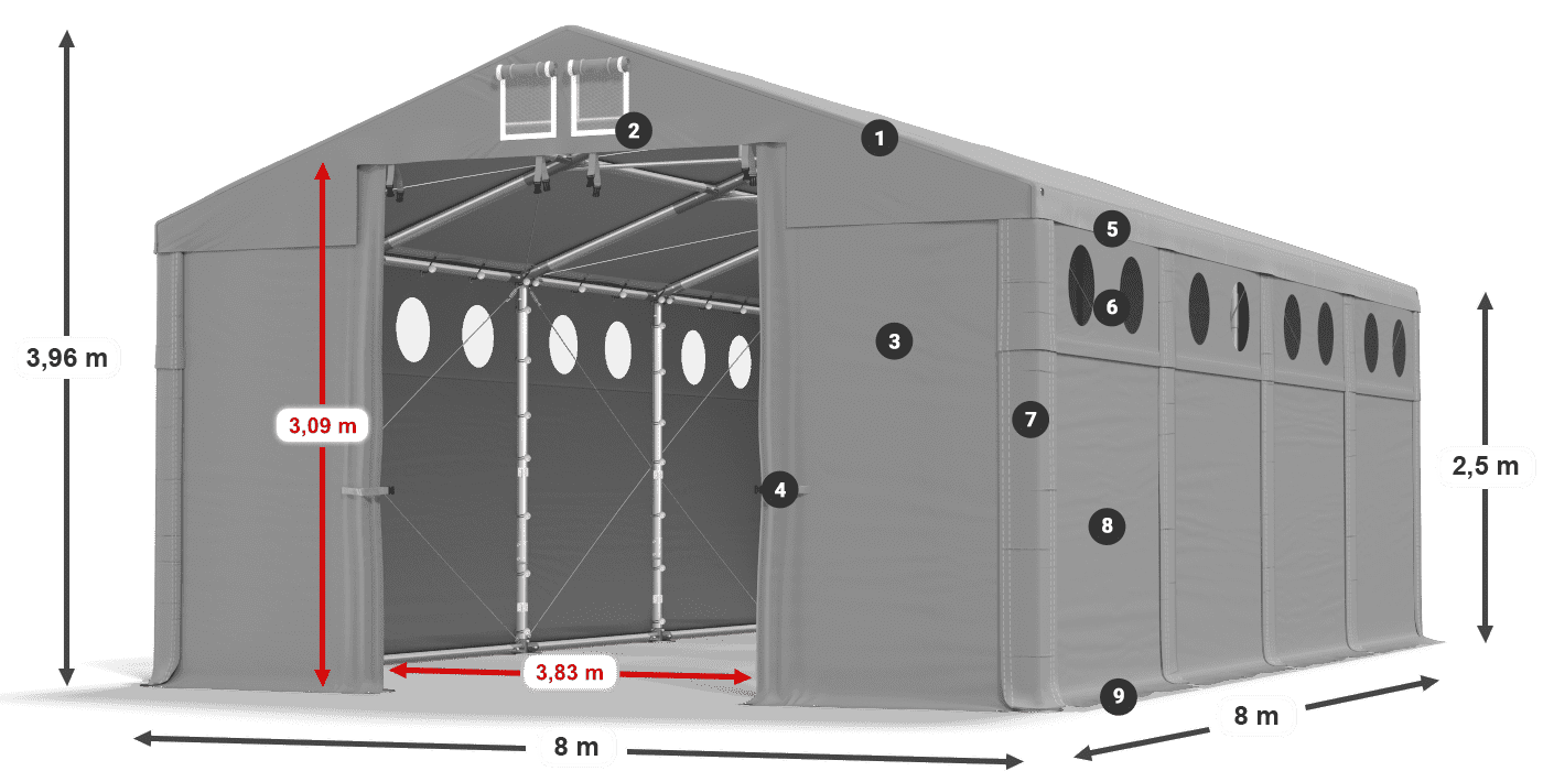 Střecha: MS 580 PVC Stěny: FR O 620 PVC 2,5 m legenda