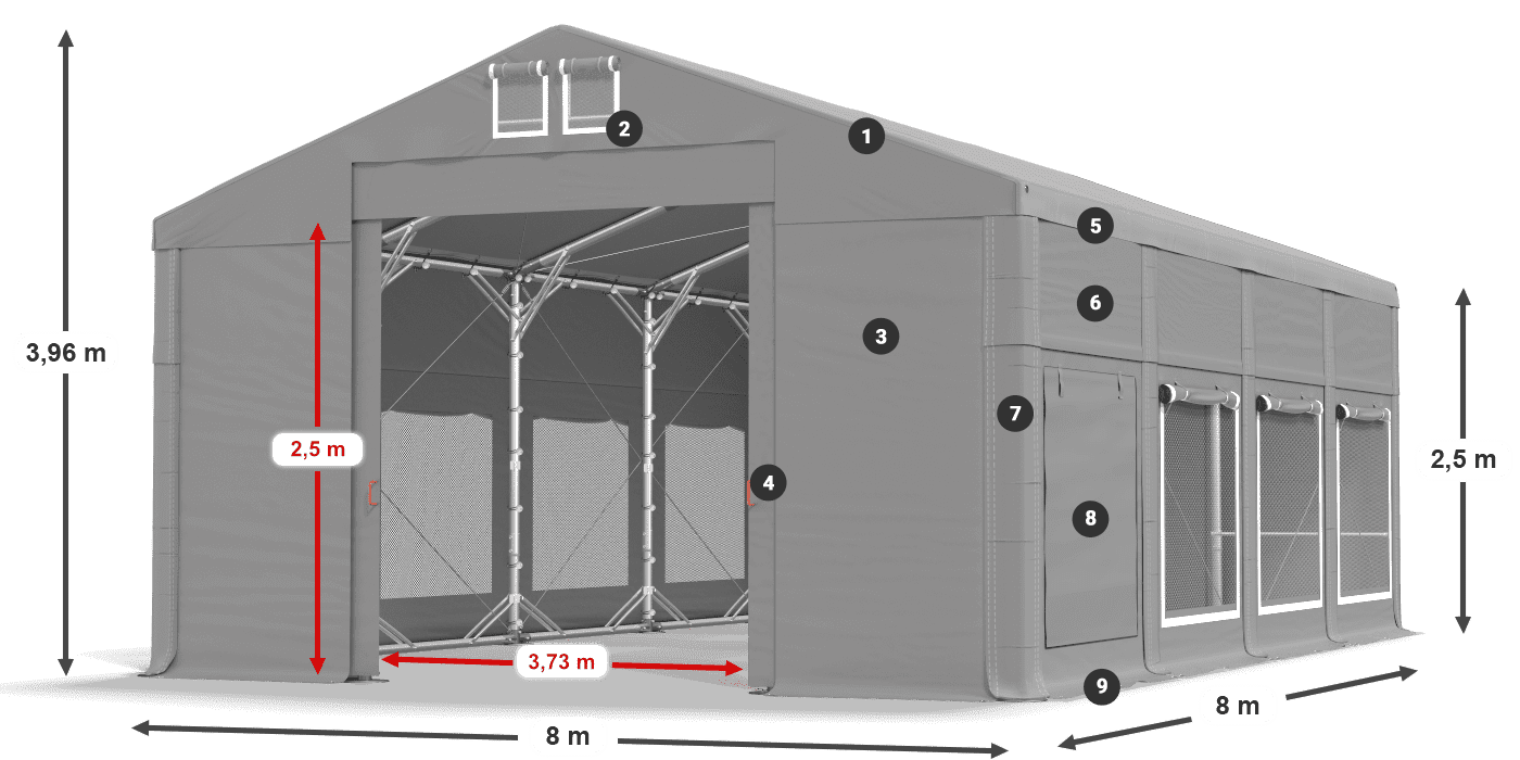 Střecha: MS 580 PVC Stěny: SD M 500 PVC 2,5 m legenda