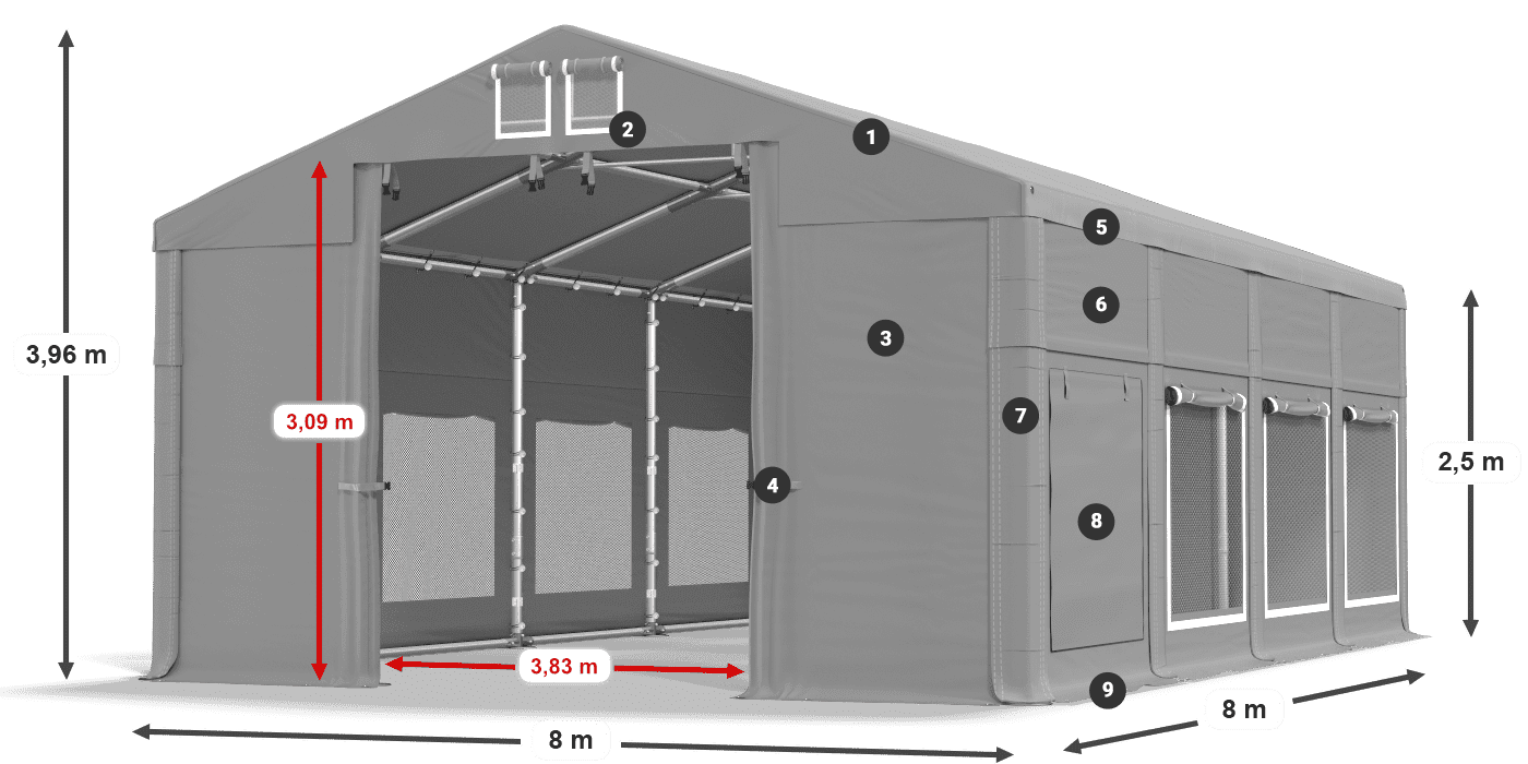 Střecha: MS 580 PVC Stěny: SD M 500 PVC 2,5 m legenda