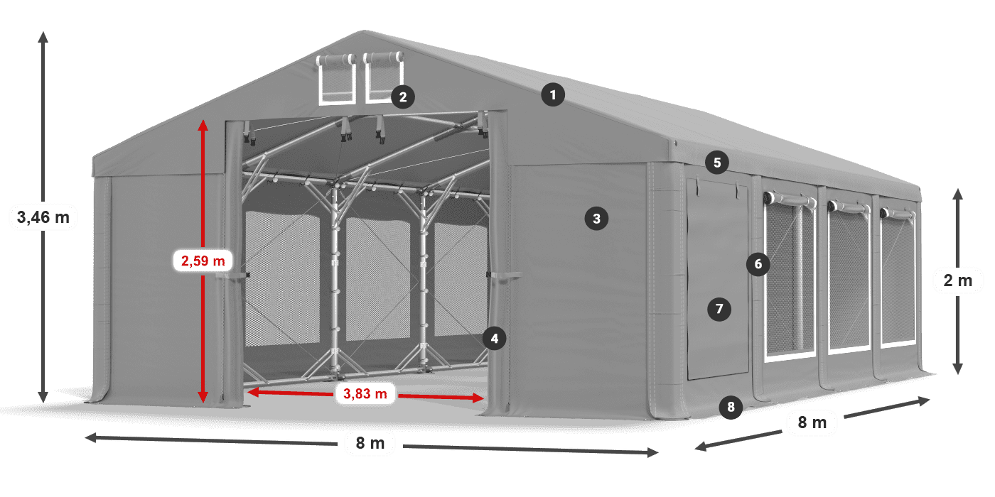 Střecha: FR 620 PVC Stěny: SD 500 PVC 2m legenda