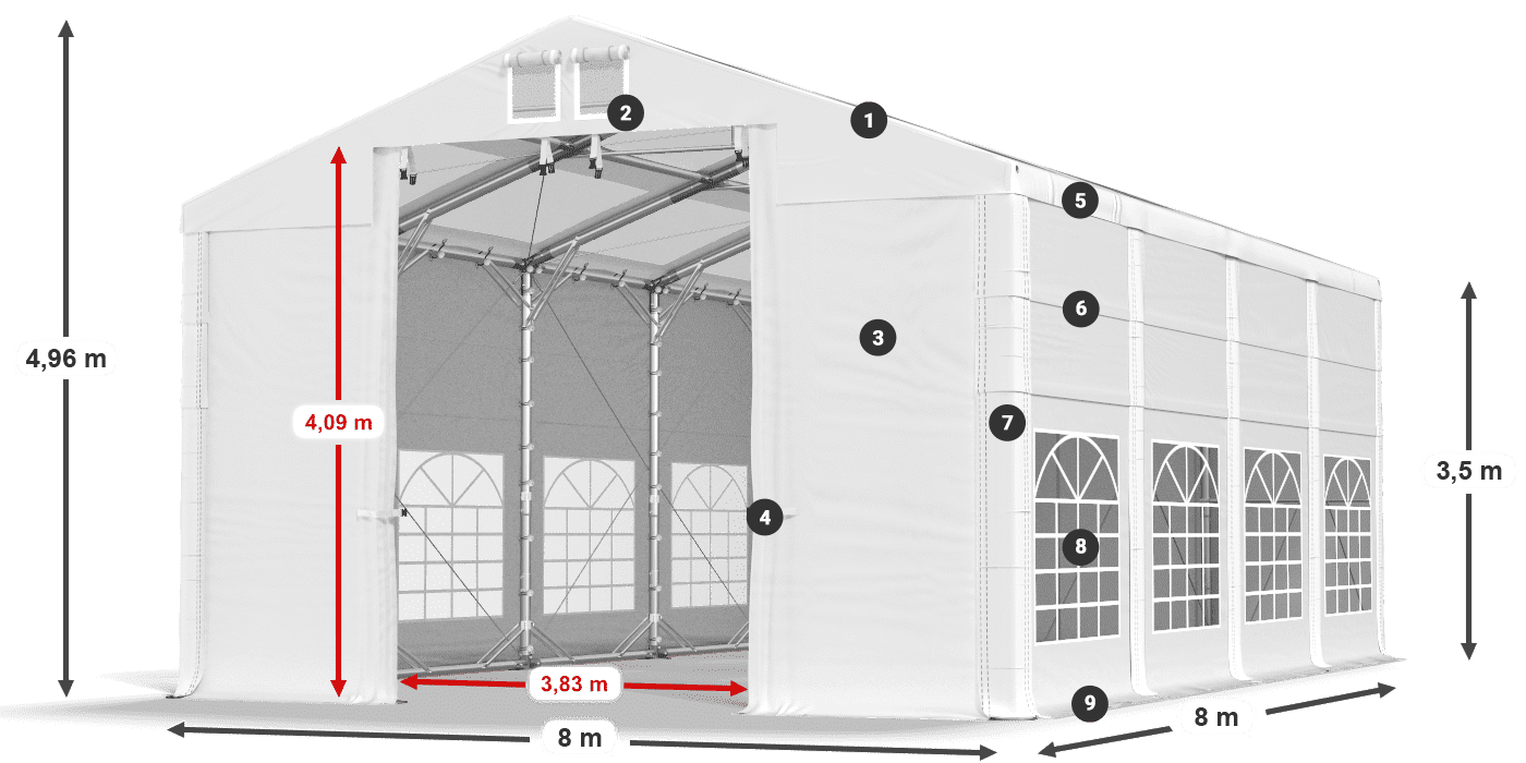Střecha: MS T 580 PVC Stěny: FR 620 PVC 2,5 m legenda