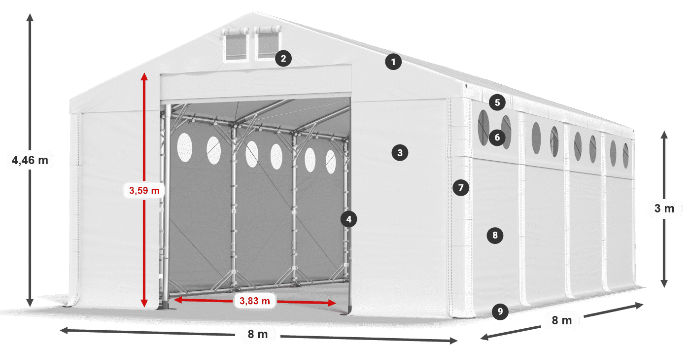 Střecha: MS 580 PVC Stěny: FR O 620 PVC 3m legenda