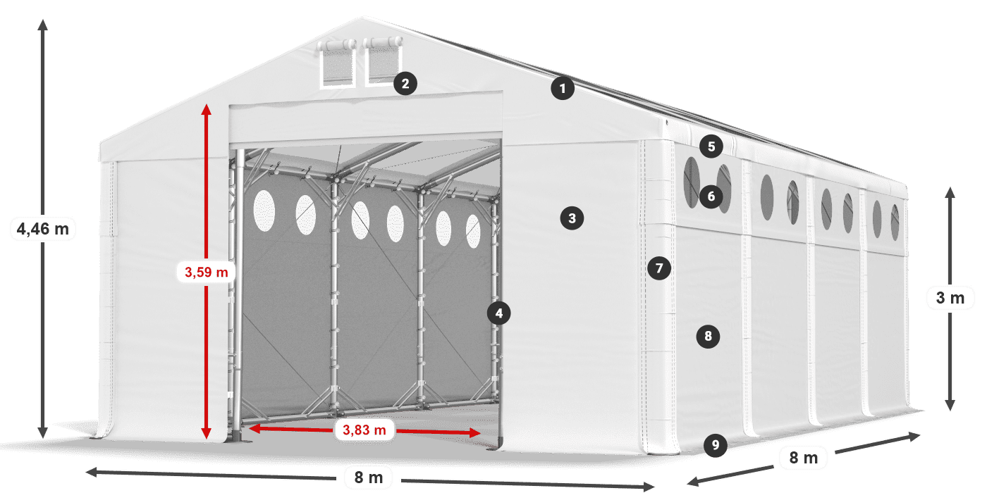 Střecha: MS T 580 PVC Stěny: FR O 620 PVC 3m legenda