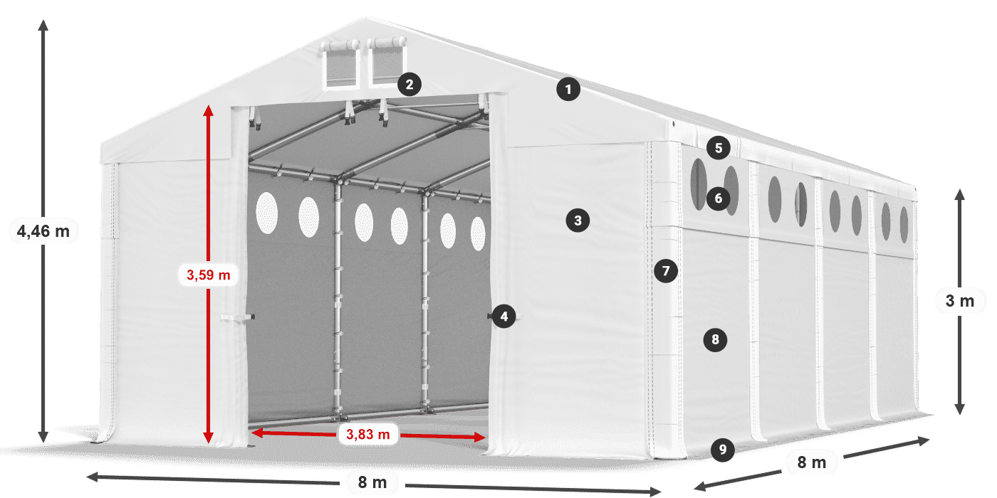 Střecha: MS 580 PVC Stěny: FR O 620 PVC 3m legenda