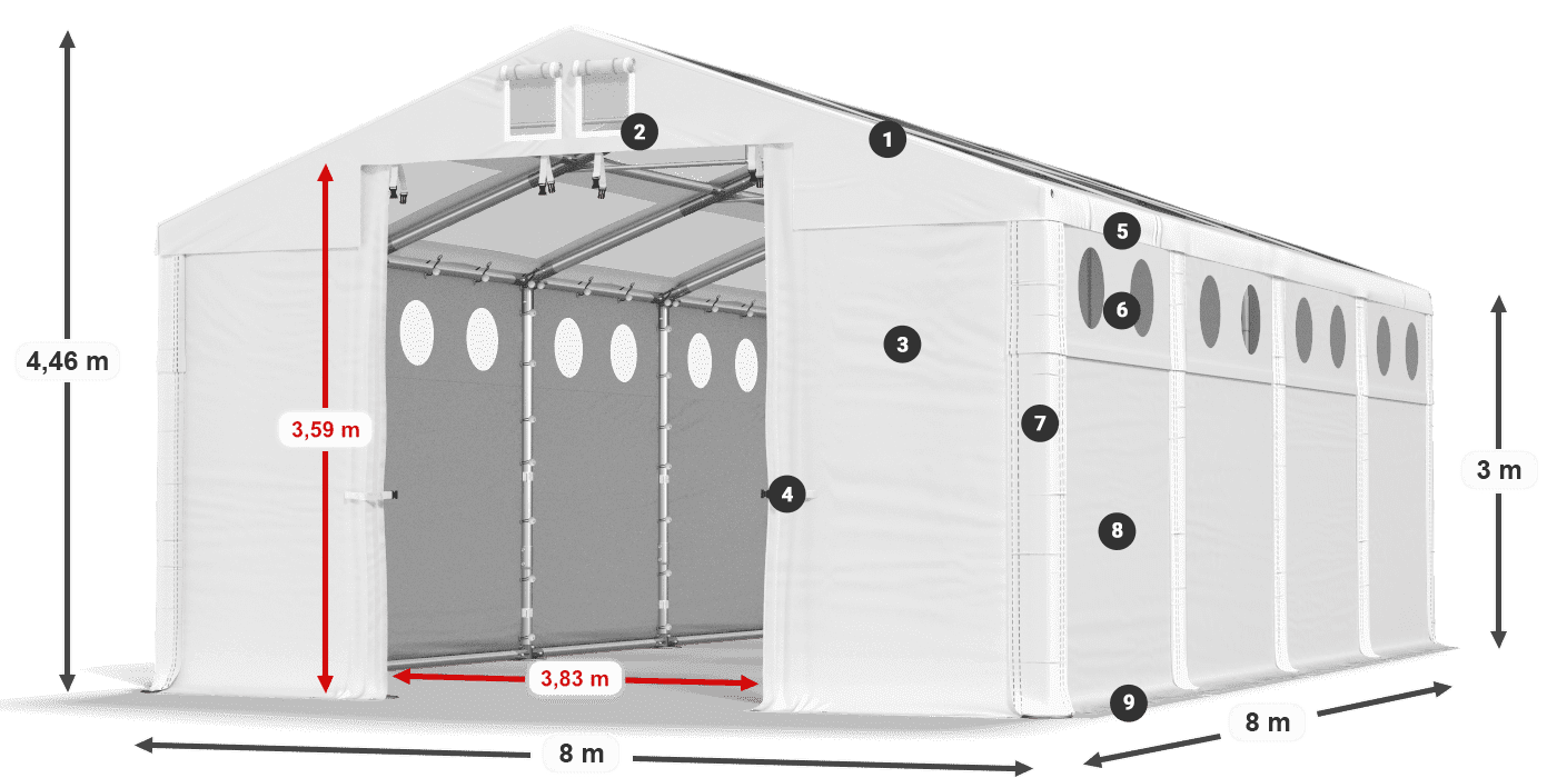 Střecha: MS T 580 PVC Stěny: FR O 620 PVC 3m legenda