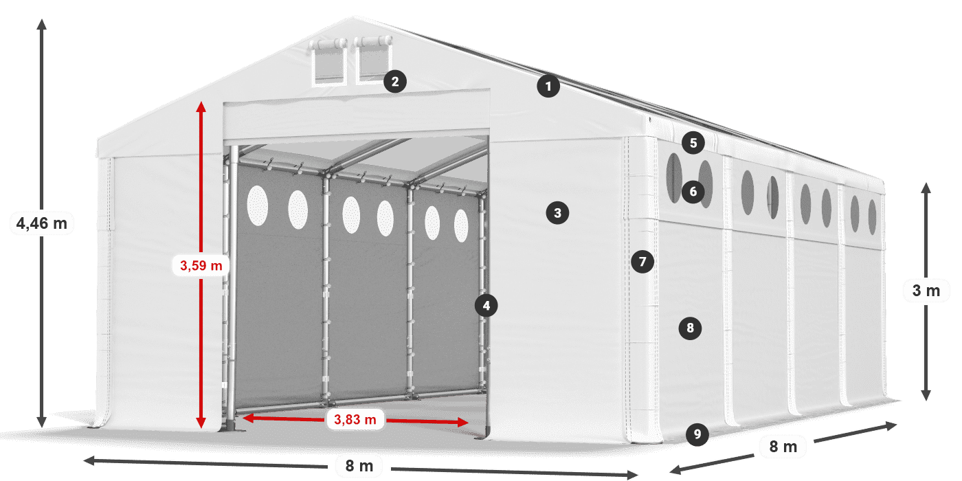 Střecha: MS T 580 PVC Stěny: FR O 620 PVC 3m legenda