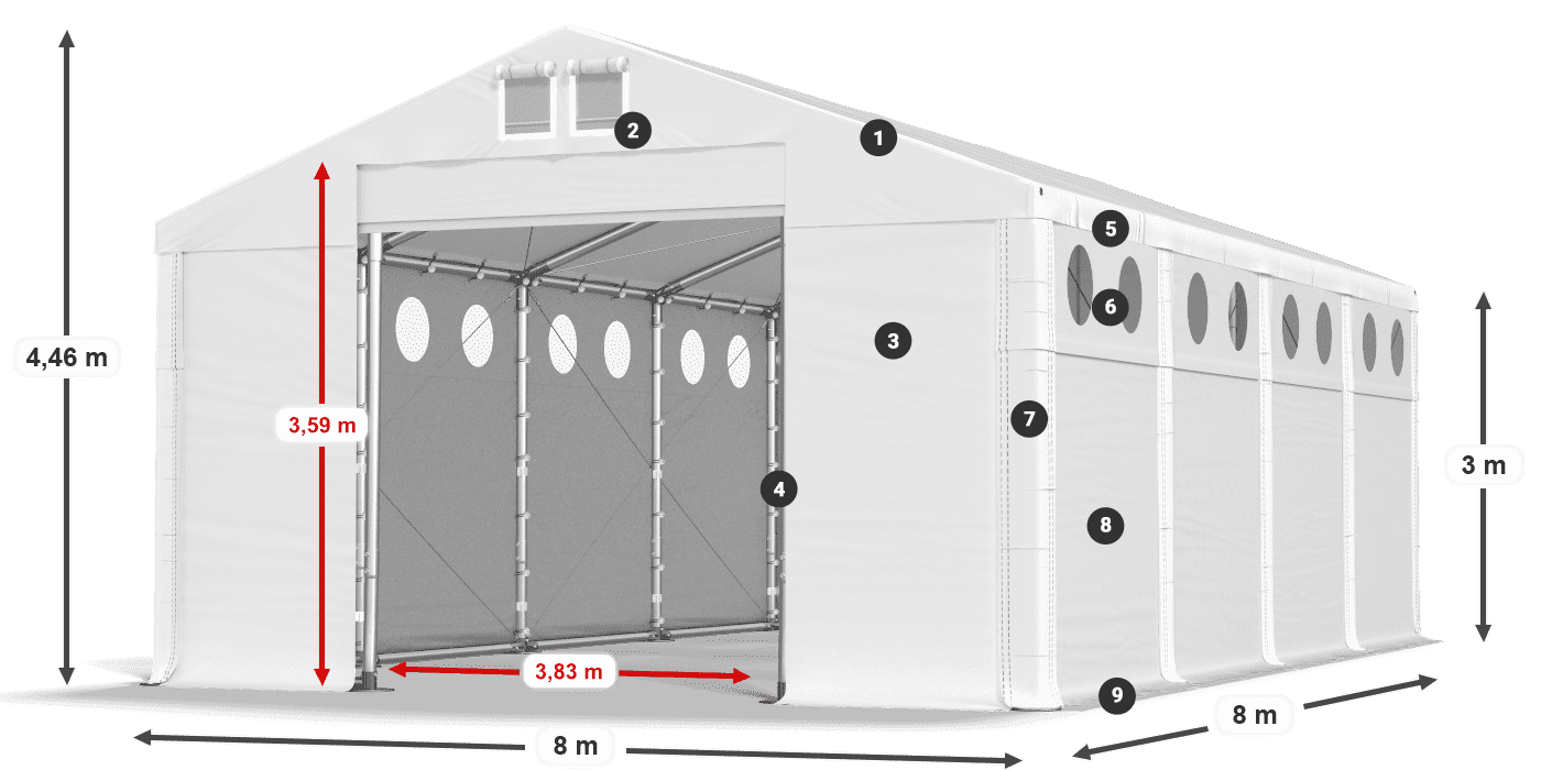 Střecha: MS 580 PVC Stěny: FR O 620 PVC 3m legenda