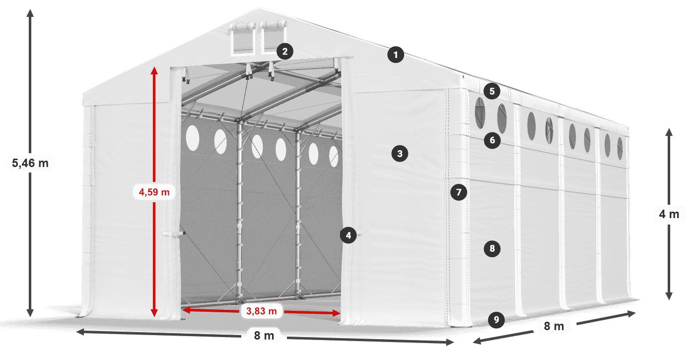 Střecha: MS T 580 PVC Stěny: FR O 620 PVC 4m legenda