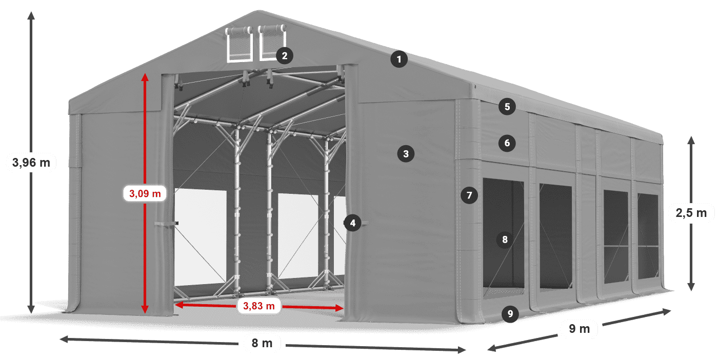 Střecha: FR 620 PVC Stěny: MS 580 PVC 2,5 m legenda