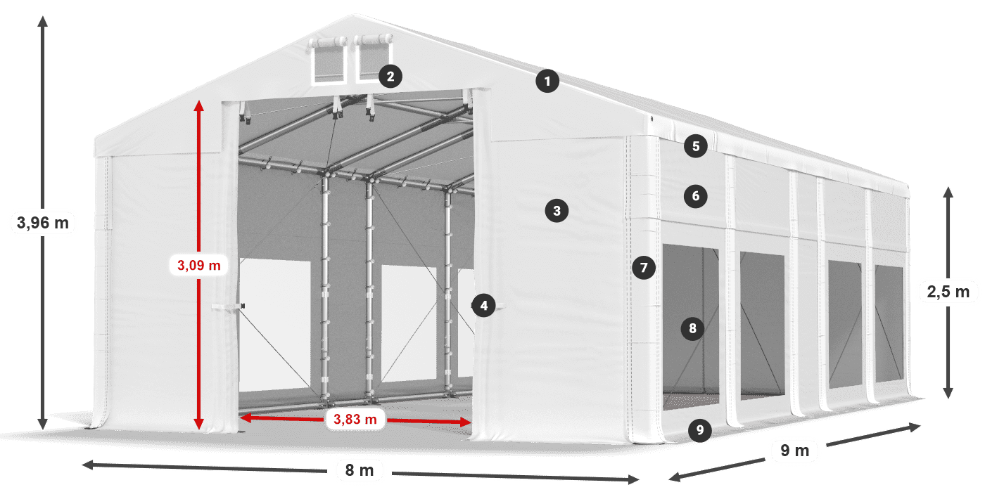 Střecha: FR 620 PVC Stěny: MS 580 PVC 2,5 m legenda