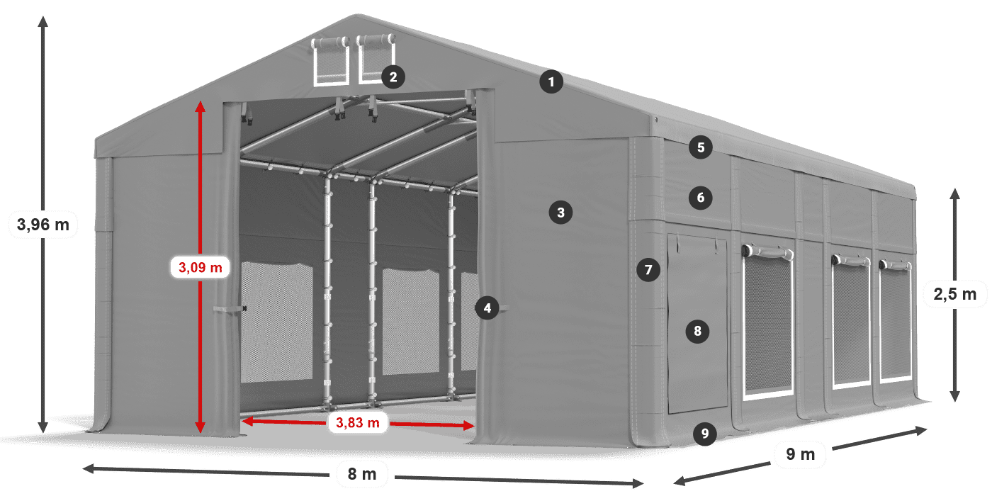 Střecha: FR 620 PVC Stěny: SD 500 PVC 2,5 m legenda