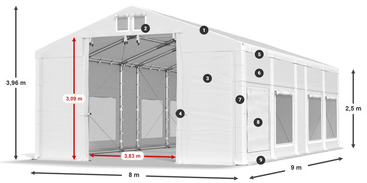 Střecha: FR 620 PVC Stěny: SD 500 PVC 2,5 m legenda