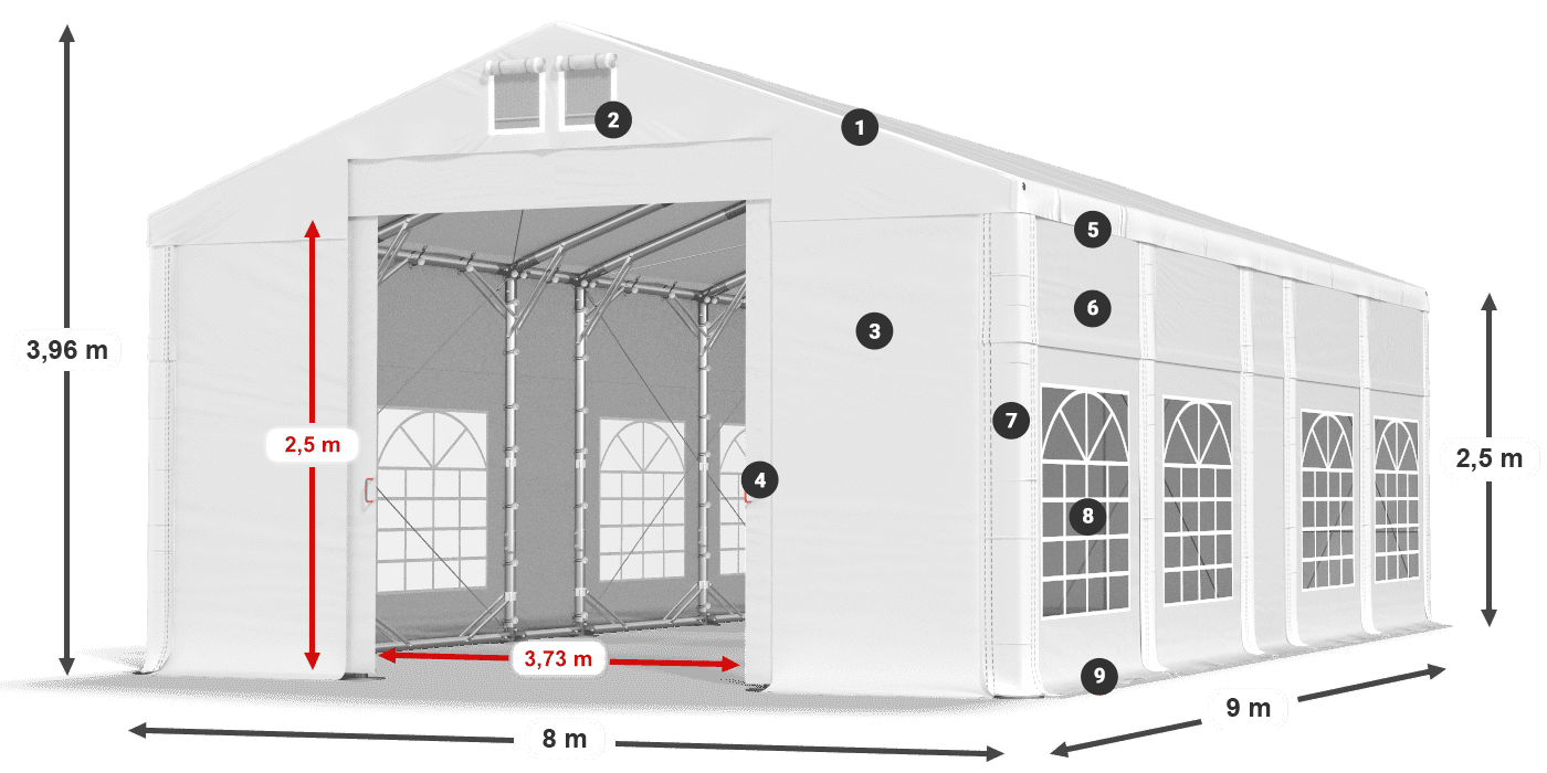 Střecha: MS 580 PVC Stěny: FR 620 PVC 2,5 m legenda